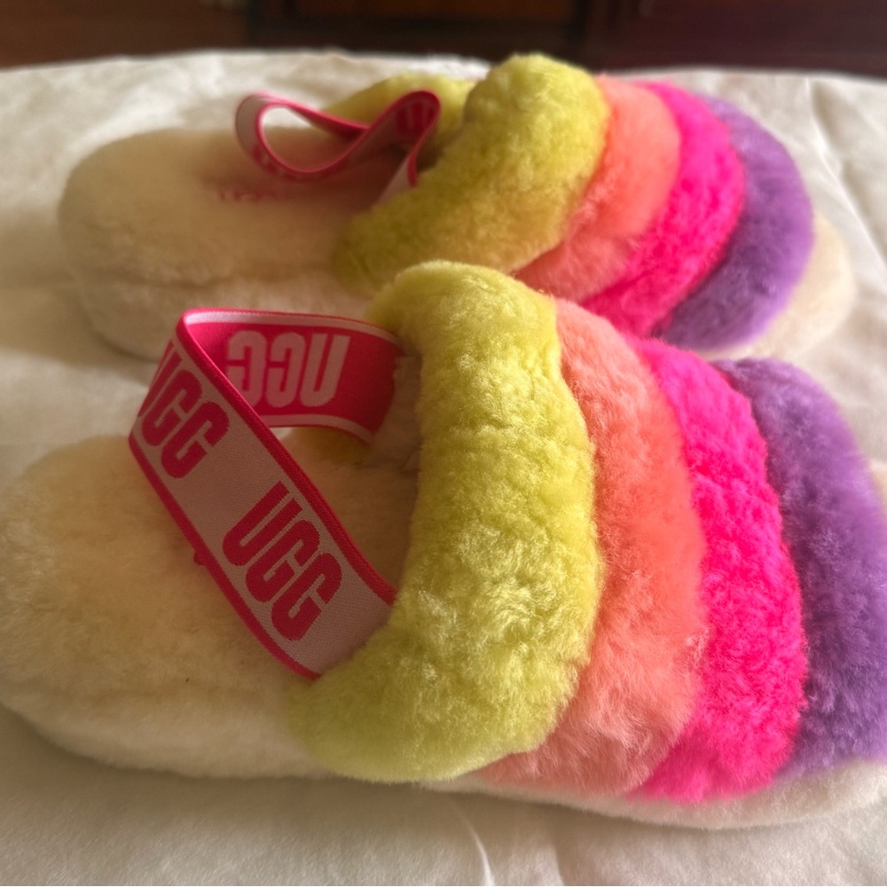 UGG Fluff Yeah Slides NWOT - Shearling Fluff Slides in Yellow Pink Purple - Picture 2 of 5